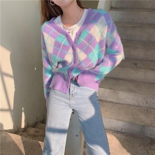Lazy Ins Loose Plaid Sweater Female Korean Harajuku Womens Sweaters Japanese Kawaii Ulzzang Vintage Clothing For Women