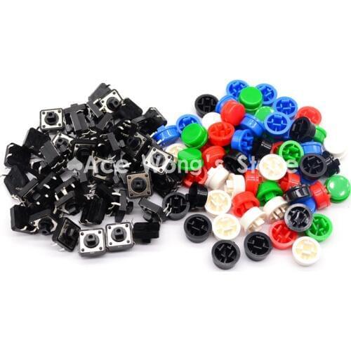 100PCS Black head Tactile Push Button Switch Momentary 12*12*7.3MM Micro switch button + (5 colors * 20pcs =100pcs Tact Cap)