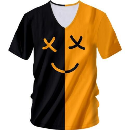 UJWI Man Smiley Face Casual Tee Shirt 3D Printed Black Yellow Expression Funny V Neck Tshirt Wholesale Mens Clothing