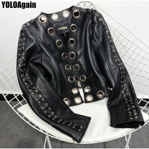 YOLOAgain women genuine leather jacket ladies high street hollow out black short real leather jacket