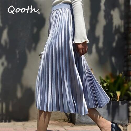 Qooth Spring New Women Long Skirts 11 Colors Fashion Women Pleated Skirts High Waist Women Midi Skirt Faldas Mujer Saias QH1674