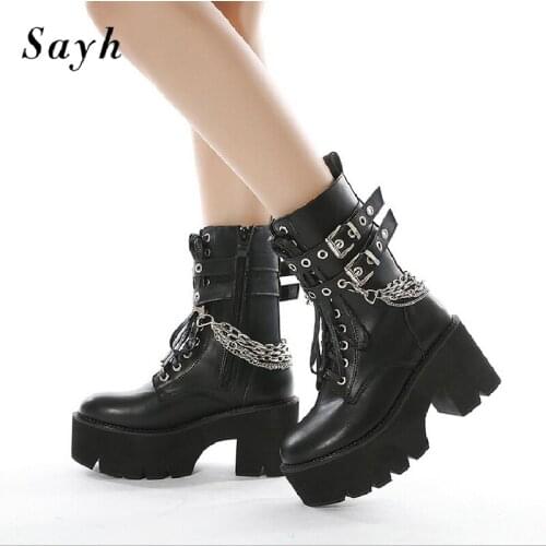 Fashion Brand Women Metal Chain Buckle Shoes Leather Round Toe Platform Ankle Boots Punk Rivet Rome Casual Shoes
