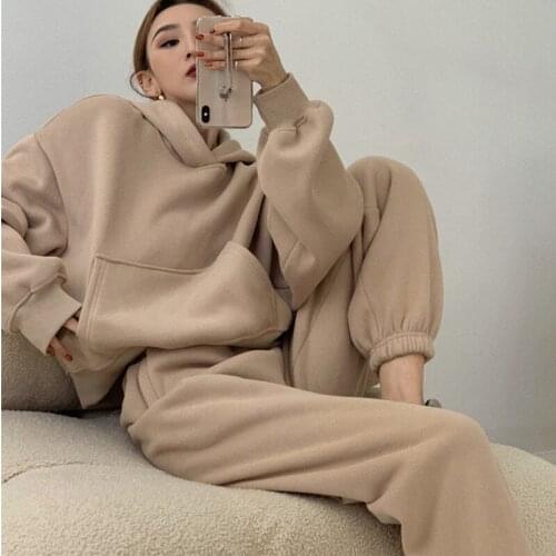 Women Solid Tracksuits Fleece Warm Hoodie Sweatshirts And Pants Suits Sports 2 Piece Sets Lady Winter Pullovers Unisex Coupl