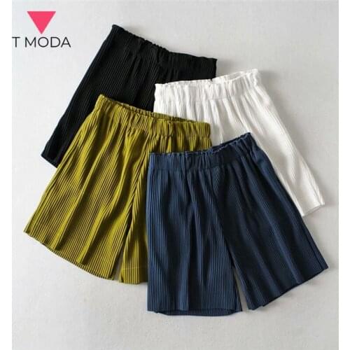 T MODA 2021 Summer Women Vintage Loose Straight Jogging Shorts Lady High Waist Casual Thin Pleated Chiffon Wide Leg Short Jogger