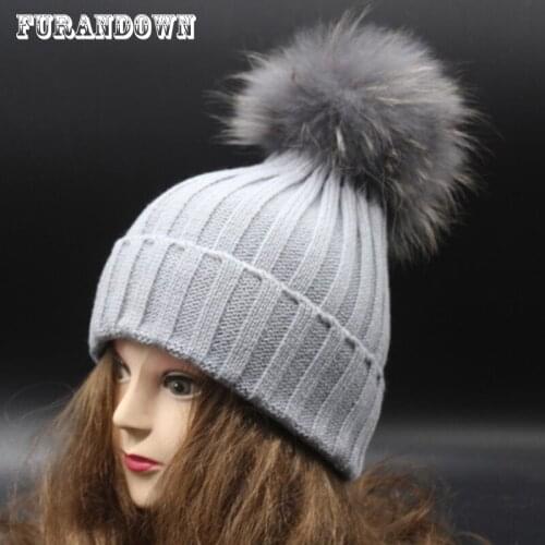 2019 Winter Knitted Beanie Fur Pompom Hats For Women Real Raccoon Dyed Color Fur Cap Crochet Hat