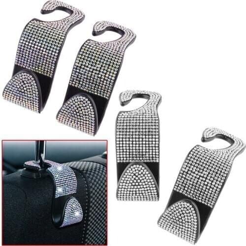 2Pcs Rhinestone Car Seat Back Headrest Hanger Hooks Universal For Bag Purse Clothes Grocery Collection Plastic