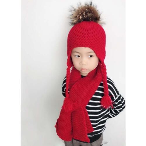 2019 Warm Knitted Winter Hat and Scarf Set For Children Pompon Beanie Set Real Raccoon Fur Pompon Baby Hat Scarf
