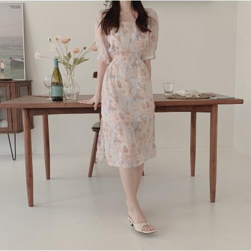 2021 New Flower Print Summer Dress Evening Long Vintage Dresses Oversize Short Sleeve Beach Women Dress Robe Vestido Prom