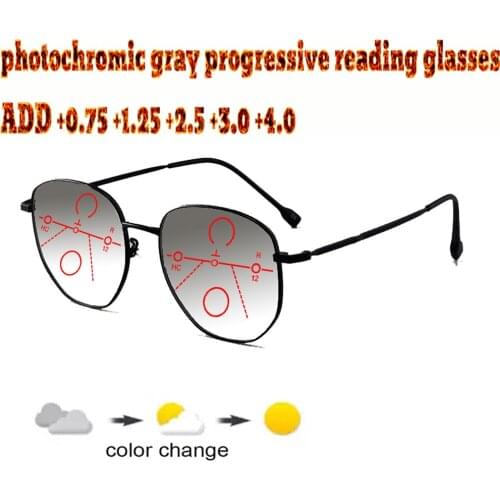 Photochromic Gray Progressive Multifocal Reading Glasses Men Woem Ultralight Metal Frame+1.0 +1.5 +1.75 +2.0 +2.5 +3 +3.5 +4