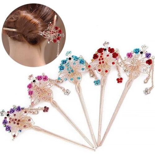 Classic Flower Metal Hair Sticks Fringed Peacock Rhinestone Headdress Women Step-Shaking Hairpin Headwear Fashion Hair Jewelry