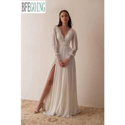Ivory Lace Chiffon Long Sleeves V-Neck Split Skirt Boho Beach Wedding Dresses Chapel Train Custom Made Bridal Gowns