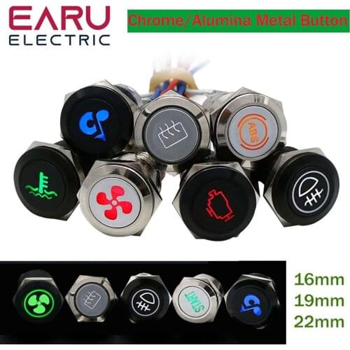 16/19/22mm Metal Push Button Switch LED Light DIY Logo Symbol Icon Signal Customization Waterproof Chromed Oxide Black for Car