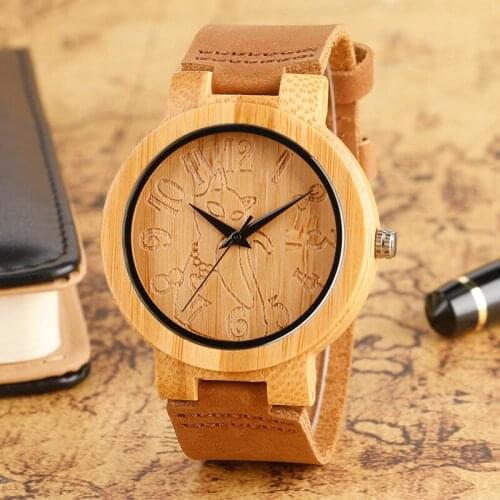 Fashion Wood Watch Brown Genuine Leather Wrist Watch Lovely Cat Pattern Quartz Watch Women Clock Gift Relogio Feminino