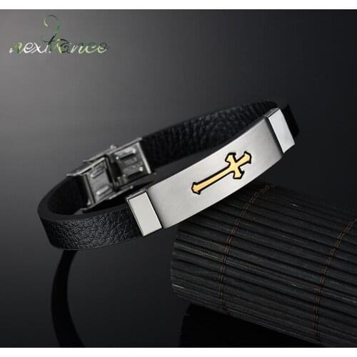 Nextvance Punk Gold Black Cross Leather Bracelet Bff Jesus Crucifix Amulet Bracelets for Christmas Gift Armband Heren