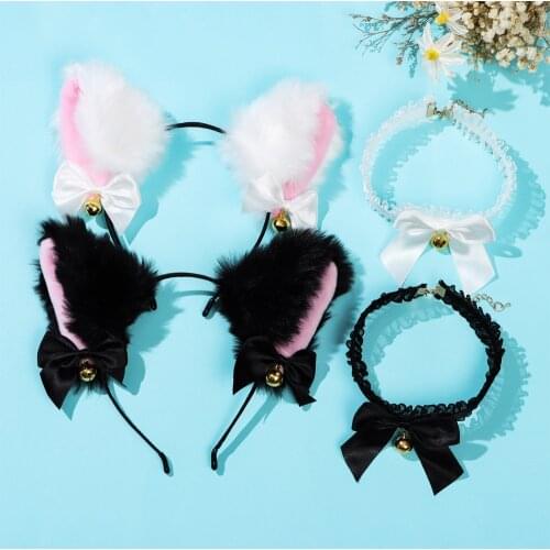 2 Pcs Cat Ear Headband With Bells Necklace Cosplay Girl Plush Furry Cat Ears Headwear Fancy Dress Hairband For Costume Party