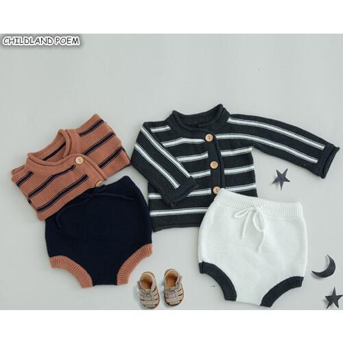 Baby Girls Boys Clothes Spring Winter Knitted Baby Clothes Set Stripe Newborn Baby Clothing Set Cardigan Sweater +Short 2 pcs