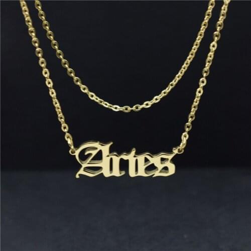 Old English Aries Necklace Pendants Gold Choker Chain Stainless Steel Gothic Charms Astrological Zodiac Jewelry Bijoux Femme