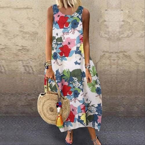 Bohemian Floral Dress Women Loose Sleeveless Tank Dress 2021 Summer Casual Beach Sundress Vestidos De Verano Robe Femme Ete