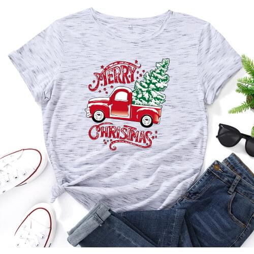 Graphic Tees for Women Cotton Short Sleeve Tee Woman T-Shirts Female Shirt Tops Summer Casual Clothes Merry Christmas Truck Tree