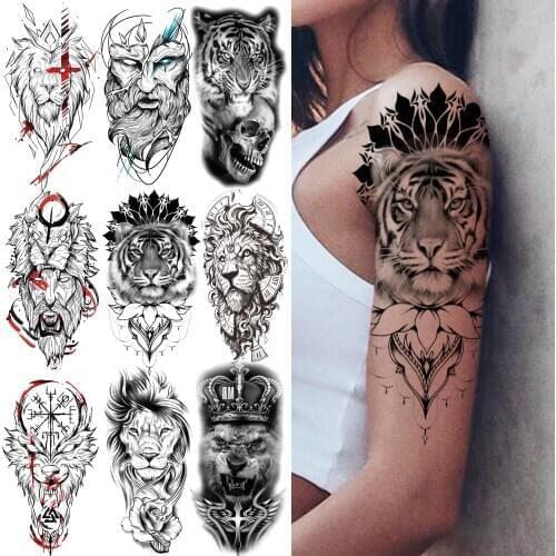Tribal Tiger Temporary Tattoo For Women Men Kids Fake Wolf Compass Animals Tatoos Lion Skull Crown God Black Tattoos Sticker
