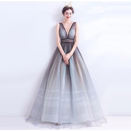 Evening Dresses Illusion V-Neck Sleeveless Pleat Backless Lace Tulle Floor-Length Luxury Gray Vintage Women Formal Gown TS008