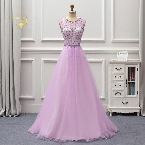 Abendkleider 2020 Lilac Tulle Cut Out Elegant Long Formal Evening Dress Crystal Bead Party Prom Brides Gown Backless Robe Soiree