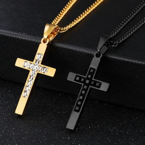 Mens Cross Pendant Gold/Black Stainless Steel Shinny Crystal Stainless Steel Pendant Necklace