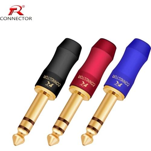 2pcs Excellent 6.35mm jack 1/4" Male Plug Stereo 3 Core Jack 6.3mm Blue+Red color with 24K Gold Plated Head Brass Tube