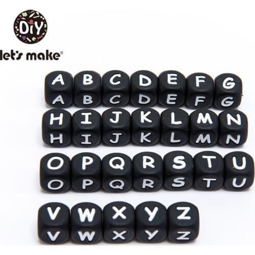 Lets Make 30pc Silicone Alphabet Letter Beads Black BPA Fress Silicone Teether 12mm DIY Teething Necklace Beads Nursing Pendant