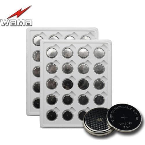 40pcs/2pack Wama LIR2025 Rechargeable Coin Batteries 3.6V Li-ion Lithium Replace CR2025 BR2025 Button Cell Battery New Drop Ship