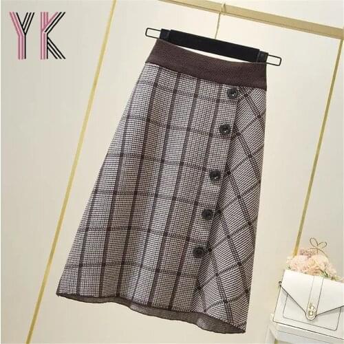 Asymmetric Brown Plaid Single Breasted Elastic High Waist Knitting Midi Skirts Stretch A-Line Sukienka Vintage Woollen Yarn Saia