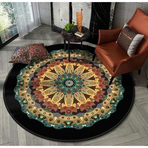 Bohemian Retro Mandala Flower Ethnic Style Living Room Bedroom Hanging Basket Chair Non-slip Round Mat Carpet