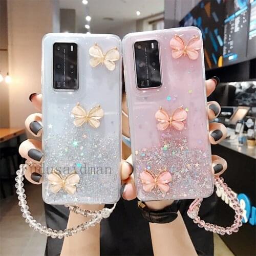 Butterfly Glitter Wrist Lanyard Phone Case For Samsung Galaxy S21 S20 Ultra Note 20 Plus A11 A12 A32 A52 A72 A21S A31 A51 A71