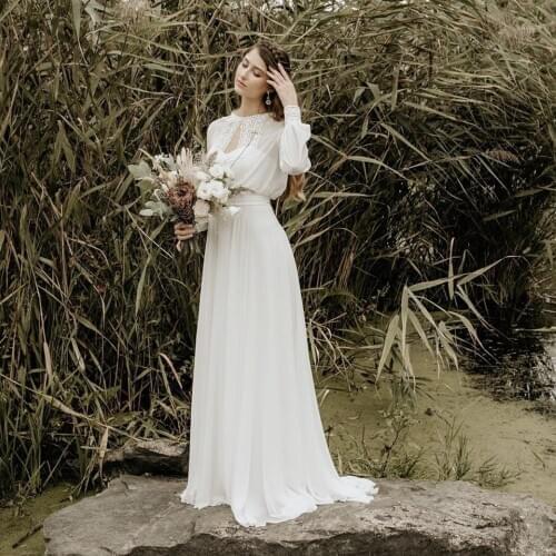 Elegant Wedding Dress 2021 A-Line O-Neck Lantern Long Sleeve Embroidery Backless Sweep Train Bridal Gown Vestidos De Noiva