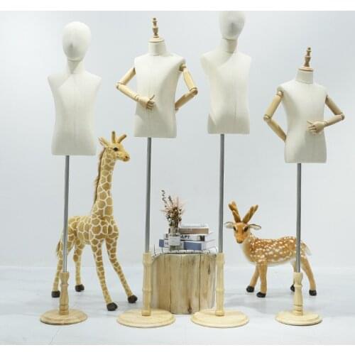 3-4Year Children sewing Mannequin Body Half-Style Models Props,Clothing White Lince Fabric Wood Disc Base Wood Hand ,1pc D400