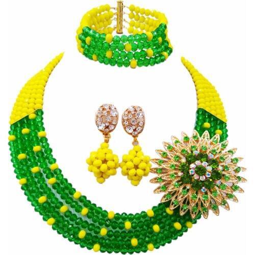 Fashion Opaque Yellow Green Crystal Beaded Multi Strands Necklace Nigerian Wedding African Beads Jewelry Set for Women 5L-ZJ037