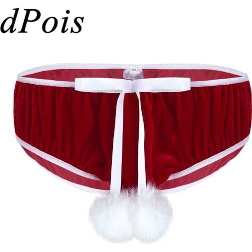 DPOIS Red Mens Christmas Lingerie Briefs Homme Male Velvet Holiday Bowknot Fancy Cosplay Breathable Underwear Underpants Panties