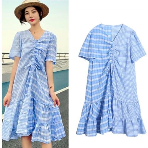 New Summer Woman Plaid Lovely Dress Loose Casual Holiday Spliced Vestidos Fashion Ladies Party Dress Robe Femme SY164