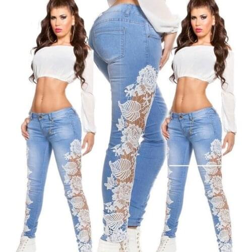New Summer European and American Sexy Lace Washed Light Blue High Waisted Jeans For Women