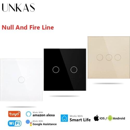 UNKAS 1 / 2 / 3 Gang Tempered Crystal Glass Panel EU Standard WIFI Touch Light Switch Null And Fire Line Smart Home Outlet