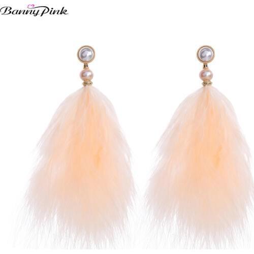 Banny Pink Bohemia Feather Pendant Dangle Earrings For Women Ethnic Moon Cultured Pearl Prevent Allergy Drop Earring