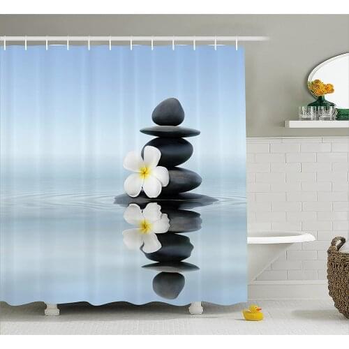 Spa Shower Curtain Zen Massage Hot Stones with Asian Frangipani Plumera Reflection on Water Bath Curtains for Bathroom Decor