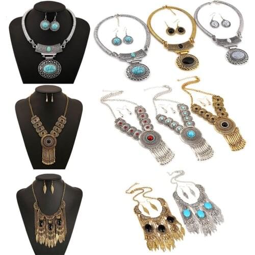 Vintage Womens Jewelry Sets Hollow out Alloy Artificial Stone Rhinestone Tassel Pendants Choker Necklace Drop Earrings Sets