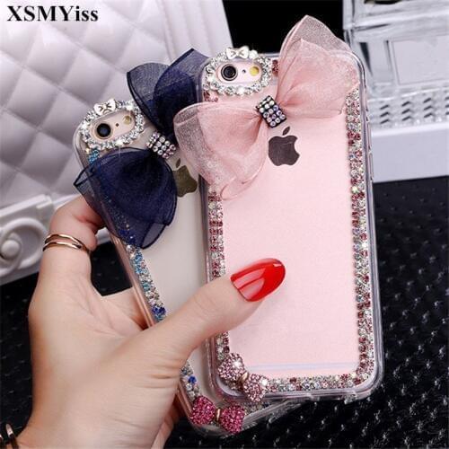 XSMYiss For iphone 12 11 Pro MAX X XS MAX XR 6S 7 8 PLUS Cute Lace Bowknot Diamond Crystal Rhinestone Phone Case Soft Back Cover