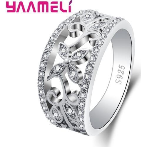 Pretty Hollow Flower Design 925 Sterling Silver With Cubic Zircon Embellishment Wide Surface Women Female Finger Rings
