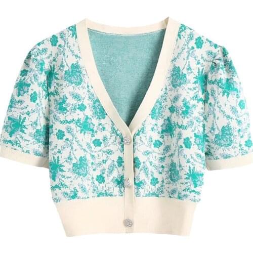 Baldauren 2021 Women Fashion Jacquard Cropped Knit Cardigan Sweater Vintage V Neck Puff Sleeve Female Outerwear Chic Tops