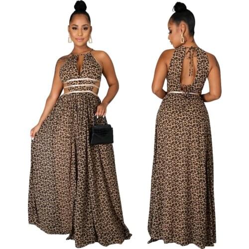 Echoine Sexy Sleeveless V-neck Leopard Print Maxi Long Dress Ladies Elegant Bandage Hollow Out Sundress Beach Vacation Vestidos