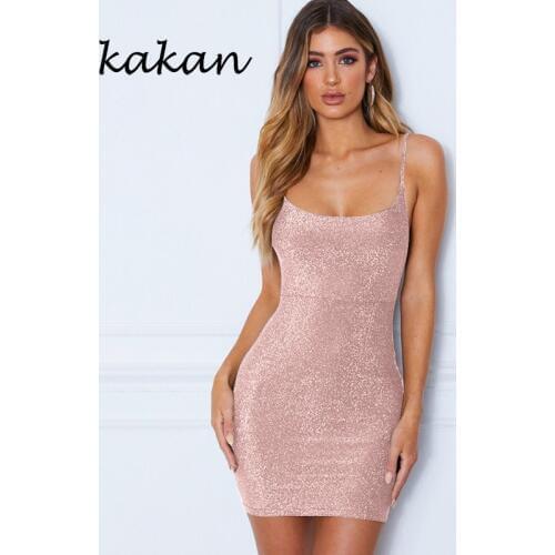 Kakan 2019 summer new womens dress sleeveless straps slim silk dress white pink wine red gold black dress