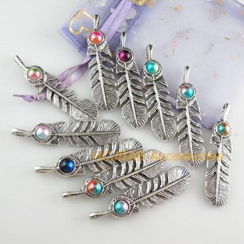 10 New Feather Charms Tibetan Silver Tone Retro Mixed Colored Acrylic Leaf Pendants 12x48.5mm
