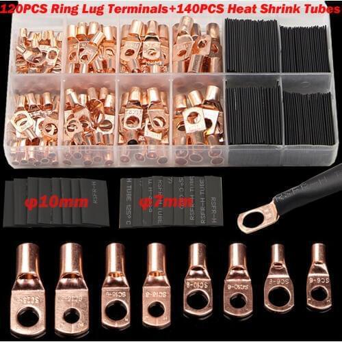 260Pcs Assortment Car Auto Copper Ring Terminal Set Wire Crimp Connector Bare Cable Battery Terminals Soldered Connectors Kit